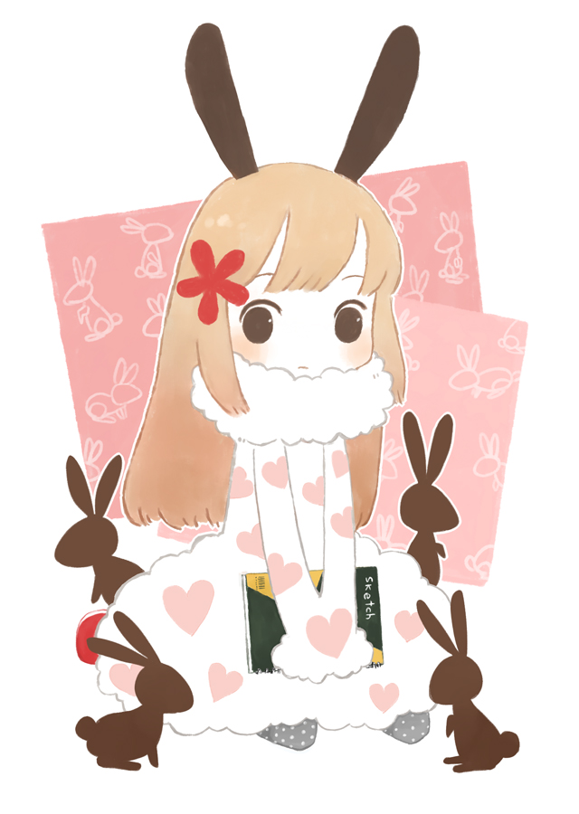 animal_ears, bad_id, bad_pixiv_id, book, brown_hair, rabbit, chibi, heart