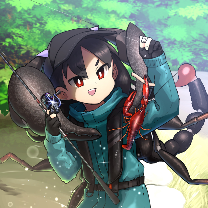 1girl, absurdres, black_hair, doyagao, evolvingmonkey, fishing, fishing_rod, gloves