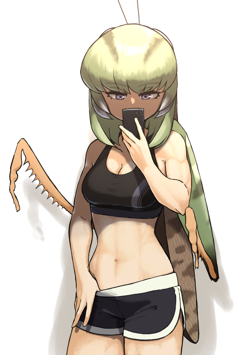 1girl, arthropod_girl, bug, cellphone, evolvingmonkey, female_focus, grasshopper, grasshopper_inoue, green_hair, highres, insect, monster_girl, muscular, muscular_female, original, phone, purple_eyes, selfie, short_shorts, shorts, smartphone, solo, sports_bra, sportswear, white_background