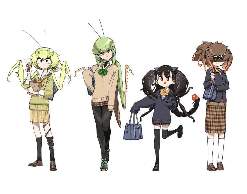 4girls, arthropod_girl, bag, black_hair, black_socks, brown_hair, bug, eating