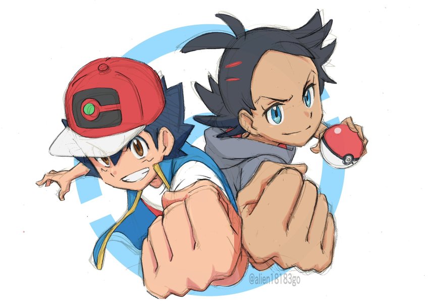 2boys, ahoge, ash_ketchum, baseball_cap, black_hair, black_hoodie, blue_eyes, blue_jacket