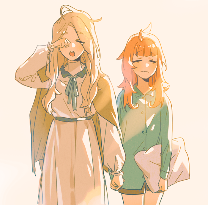 2girls, annette_fantine_dominic, blonde_hair, closed_mouth, closed_eyes, fire_emblem, fire_emblem:_three_houses, holding_hands, holding, holding_pillow, katsura_(guiyuy), long_hair, long_sleeves, mercedes_von_martritz, messy_hair, multiple_girls, nintendo, open_mouth, orange_hair, pajamas, pillow, simple_background, white_background