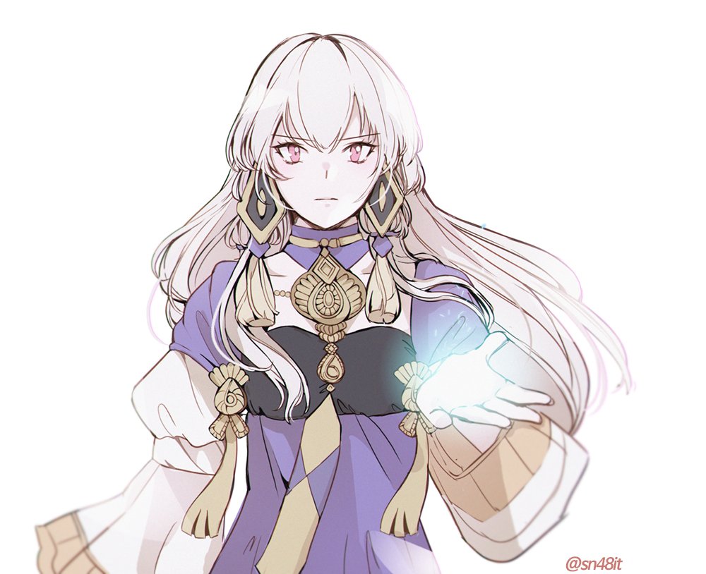 1girl, closed_mouth, commentary, dress, female_focus, fire_emblem, fire_emblem:_three_houses, hair_ornament, korean_commentary, long_hair, long_sleeves, lysithea_von_ordelia, lysithea_von_ordelia_(timeskip), nintendo, pink_eyes, simple_background, sn48it, solo, twitter_username, upper_body, white_background, white_hair