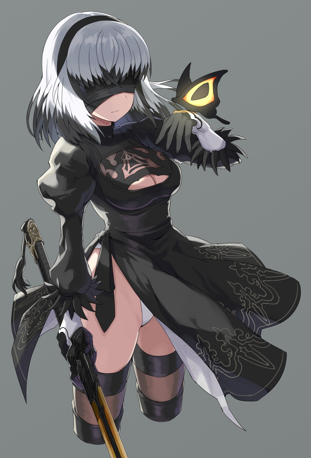 1girl, 2b_(nier:automata), 2b_(nier:automata)_(cosplay), black_dress, black_hair, black_hairband, blindfold, blunt_bangs