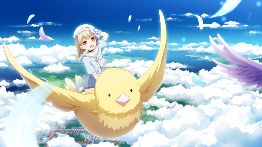 1girl, 1other, beret, bird, blue_shirt, blue_skirt, braid, brown_hair