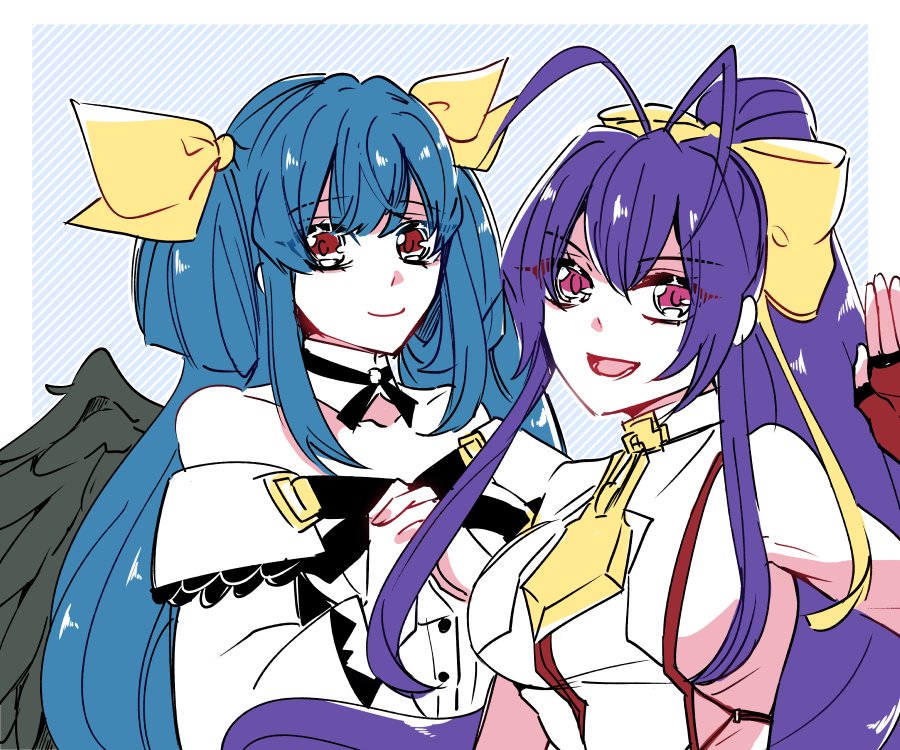2girls, antenna_hair, blazblue, blazblue_variable_heart, dizzy_(guilty_gear), genderswap, genderswap_(mtf), guilty_gear, guilty_gear_xrd, mai_natsume, multiple_girls, ponytail, purple_hair, s2cikn_(yuzu)