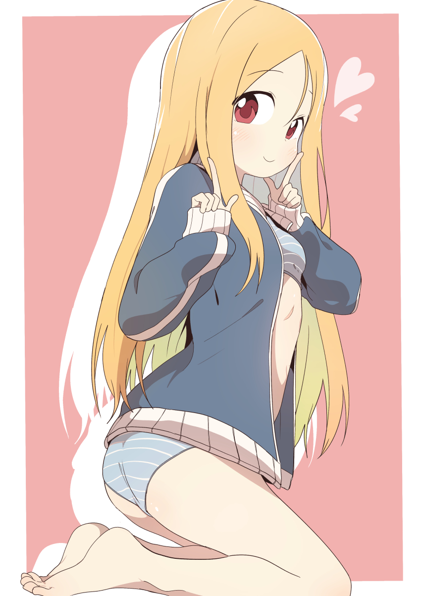 1girl, absurdres, ass, barefoot, blonde_hair, blush, bra, bural_chingu