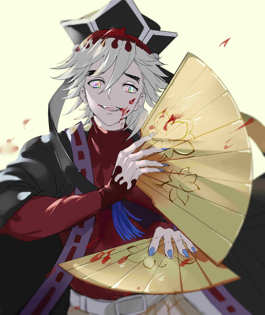 1boy, absurdres, aircf, blood, blood_on_face, blood_splatter, douma_(kimetsu_no_yaiba), fang, fingernails, hand_fan, hat, highres, holding, holding_fan, kimetsu_no_yaiba, long_fingernails, looking_at_viewer, male_focus, open_mouth, sharp_fingernails, solo, teeth, upper_body