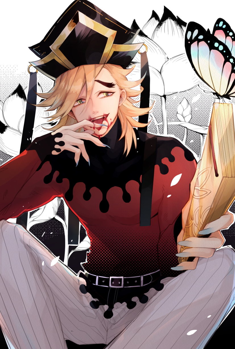 1boy, belt, blonde_hair, blood, blood_from_mouth, blood_on_face, blood_on_hands, blood_on_teeth