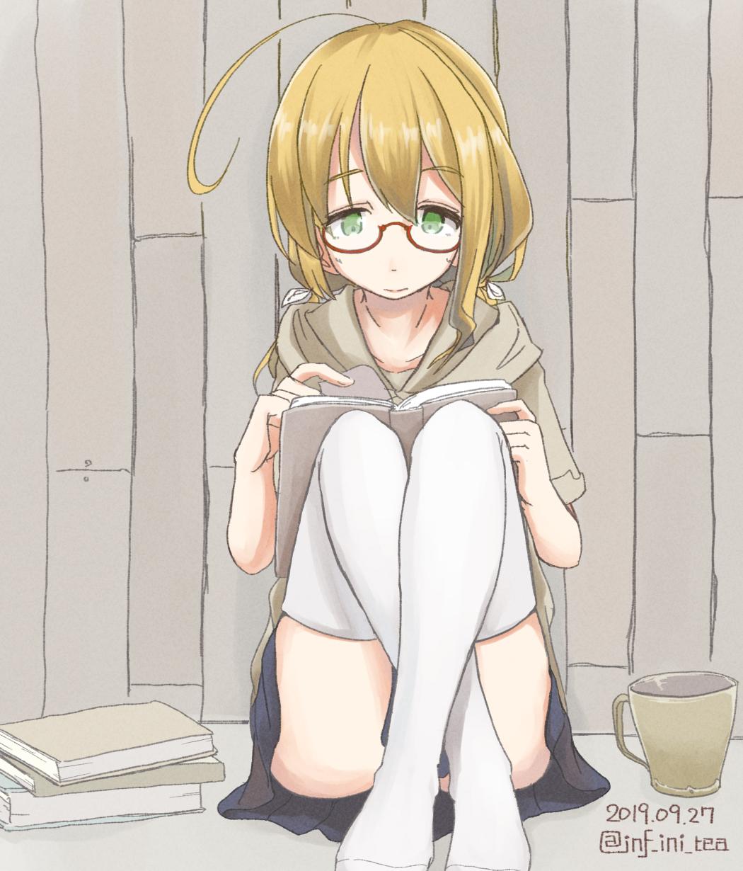 1girl, ahoge, blonde_hair, blue_skirt, book, crossed_ankles, cup, dated