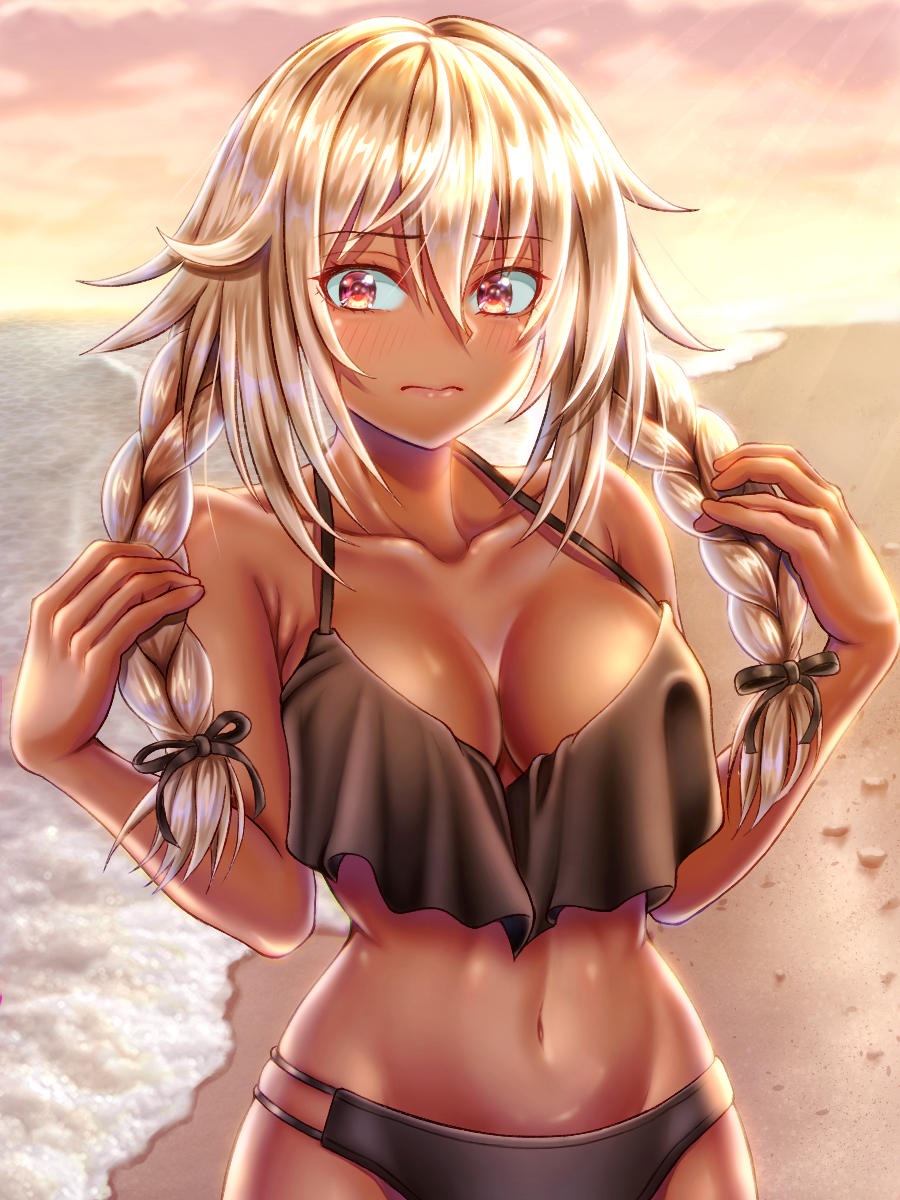 1girl, beach, bikini, black_bikini, blush, braid, breasts, brown_eyes