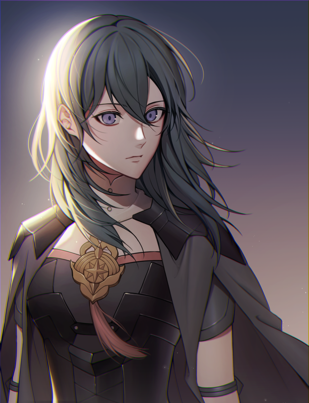 1girl, armor, black_cape, blue_eyes, blue_hair, female_byleth_(fire_emblem), cape, closed_mouth