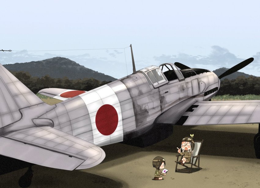 2girls, aircraft, airplane, annin_musou, aviator_cap, bad_id, bad_twitter_id, black_hair