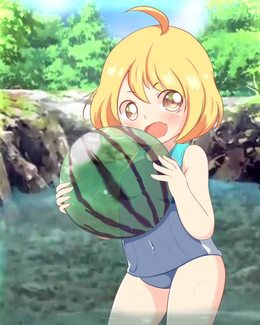 1girl, :d, absurdres, ahoge, ball, beachball, blonde_hair, blush, brown_eyes, child, covered_navel, day, dr._stone, female_focus, food, fruit, highres, jpeg_artifacts, looking_at_viewer, one-piece_swimsuit, open_mouth, outdoors, see-through_clothes, short_hair, smile, solo, standing, suika_(dr._stone), swimsuit, thighs, toruu_(kzpm2483), wading, water, watermelon, wet
