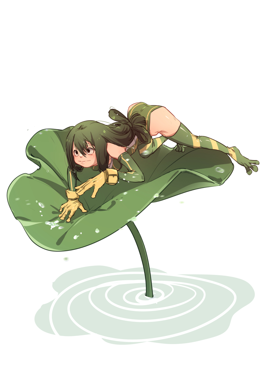 1girl, absurdres, asui_tsuyu, black_eyes, black_hair, boku_no_hero_academia, breasts, commentary_request, female_focus, frog_girl, gloves, green_hair, hair_between_eyes, hair_rings, highres, long_hair, looking_at_viewer, low-tied_long_hair, medium_breasts, shenji_laurant, simple_background, solo