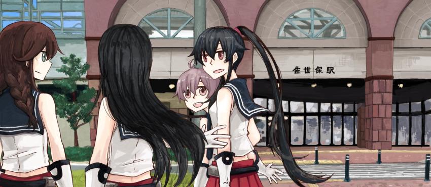 4girls, :d, agano_(kancolle), ahoge, black_hair, blue_eyes, braid, brown_hair