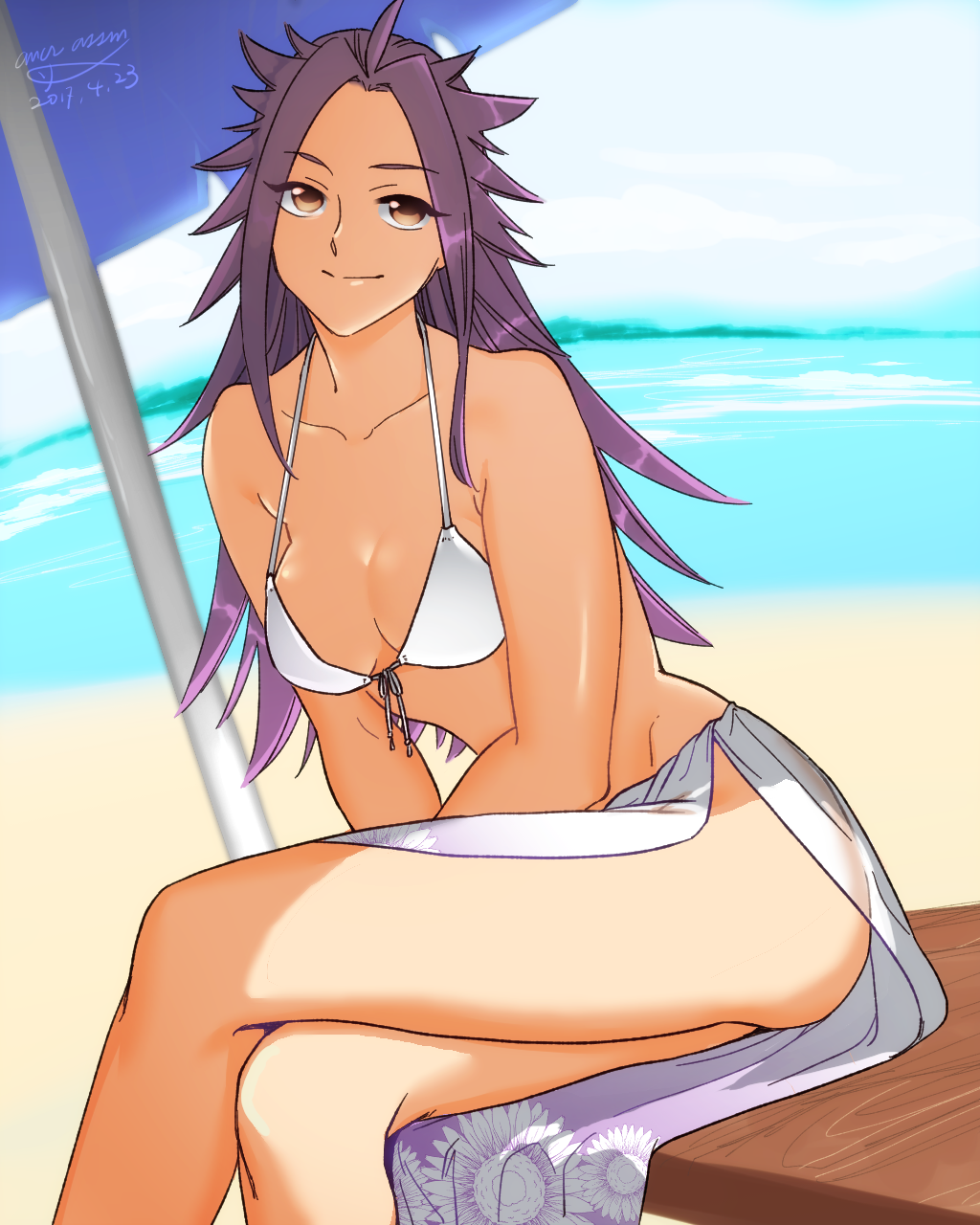 1girl, alternate_costume, ass, bare_shoulders, beach, bikini, brown_eyes, crossed_legs