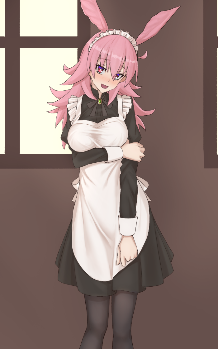 1girl, :d, alternate_costume, apron, black_dress, black_pantyhose, blush, breast_hold