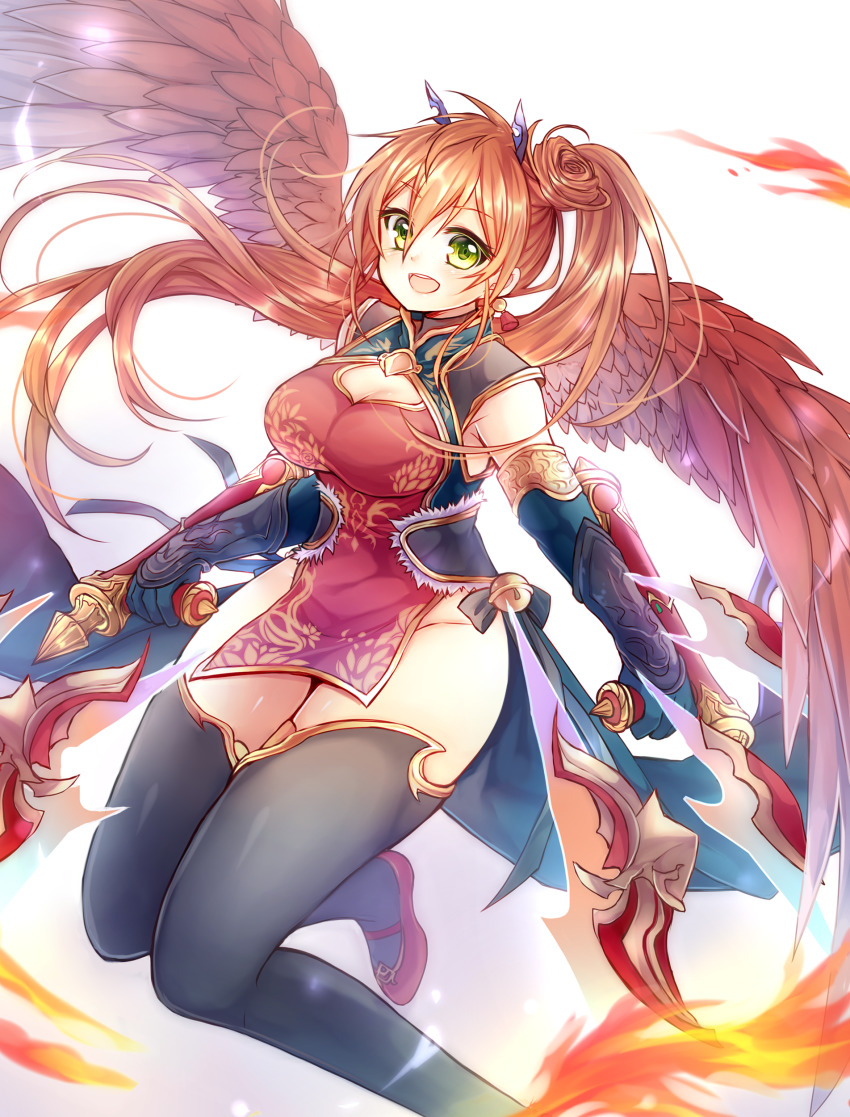 1girl, absurdres, bell, bird_wings, black_thighhighs, china_dress, chinese_clothes, cleavage_cutout