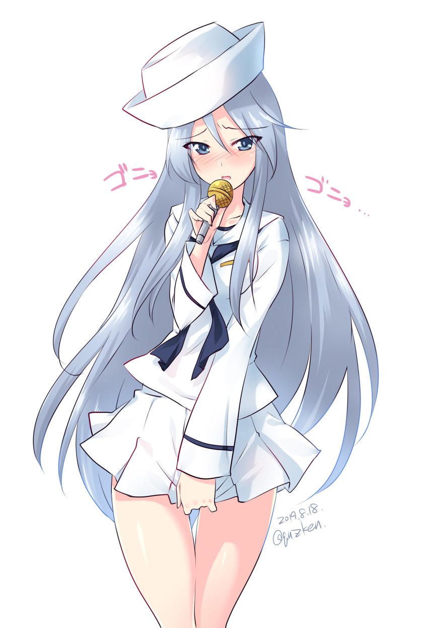 1girl, absurdres, alternate_skirt_length, blouse, blue_eyes, blue_neckerchief, blush, commentary