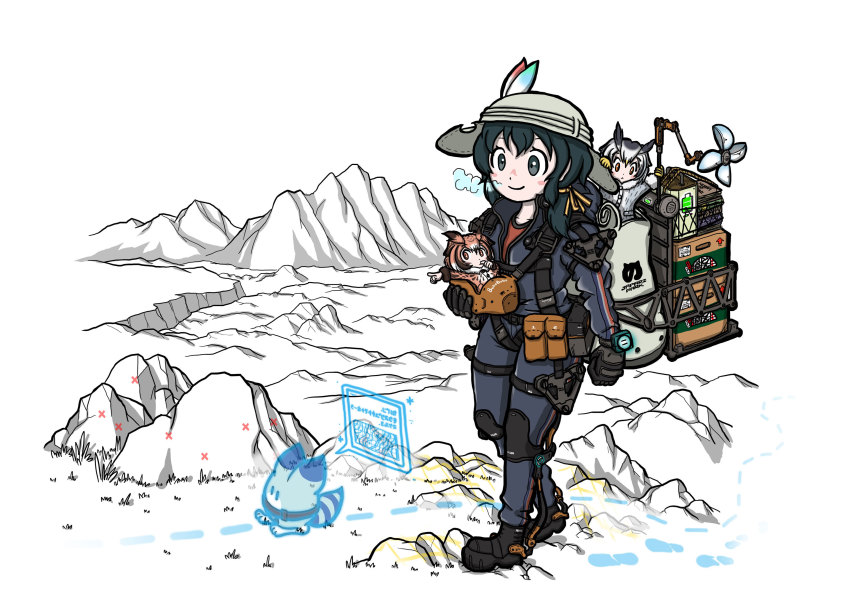 3girls, aomushi_taro, backpack, bag, black_hair, breath, brown_eyes, brown_hair