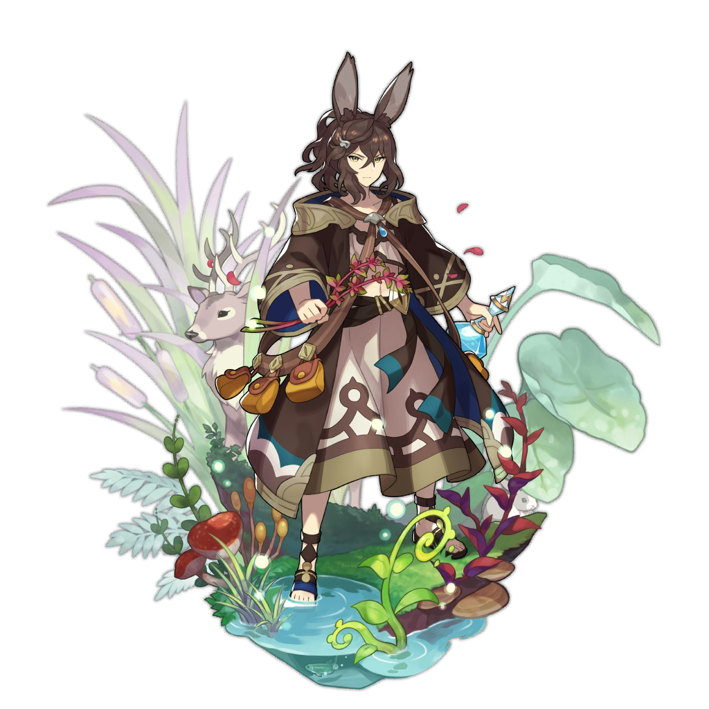 1boy, animal_ears, bag, clothing_request, deer, dragalia_lost, full_body, leaf, looking_at_viewer, male_focus, mushroom, non-web_source, official_art, plant, potion, rabbit_ears, ripples, saitou_naoki, serious, solo, sylas_(dragalia_lost), transparent_background, water
