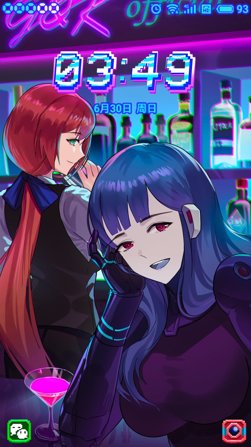 2girls, alternate_costume, android, bar_(place), bartender, blue_hair, bottle, brown_hair