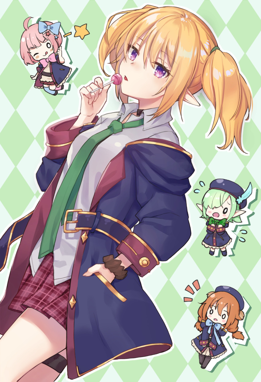 0_0, 4girls, :o, ;q, ahoge, aoi_(princess_connect!), aoi_(transfer_student)_(princess_connect!), argyle_background