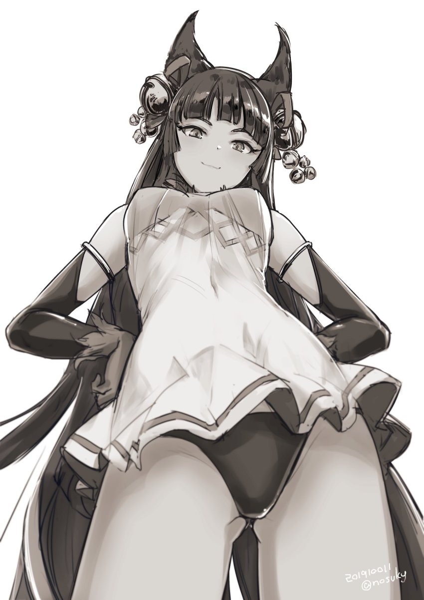 1girl, animal_ears, bell, bikini, bikini_under_clothes, blush, breasts, closed_mouth