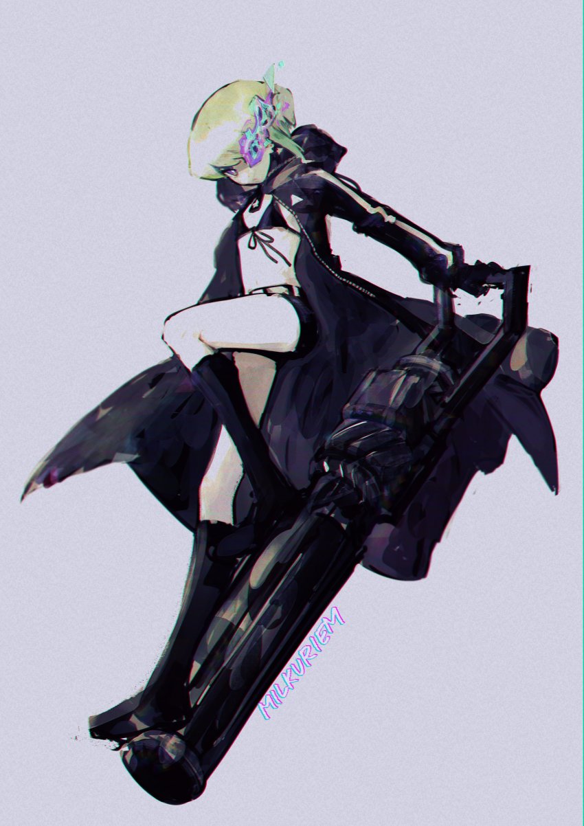 1boy, absurdres, belt, bikini, bikini_top_only, black_gloves, black_rock_shooter, black_rock_shooter_(character)