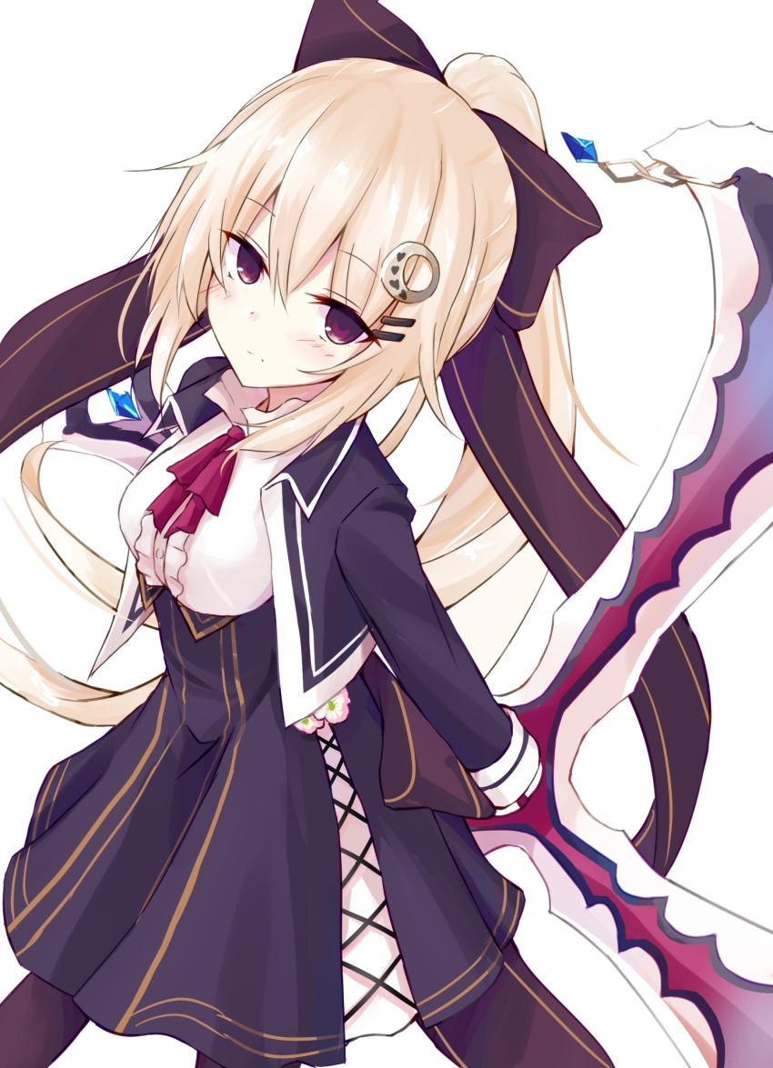 1girl, absurdres, black_pantyhose, black_skirt, blonde_hair, bow, bowtie, closed_mouth