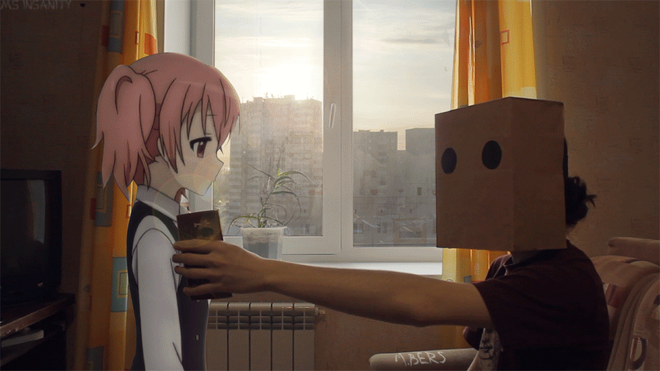 1boy, 1girl, animated, animated_gif, black_vest, blush, collared_shirt, eyebrows, hair_between_eyes, hug, inu_x_boku_ss, long_sleeves, mikhail_bersenyov, ms_insanity, paper_bag_on_head, pink_eyes, pink_hair, real_life_insert, roromiya_karuta, school_uniform, shirt, tagme, twintails, vest, white_shirt, window