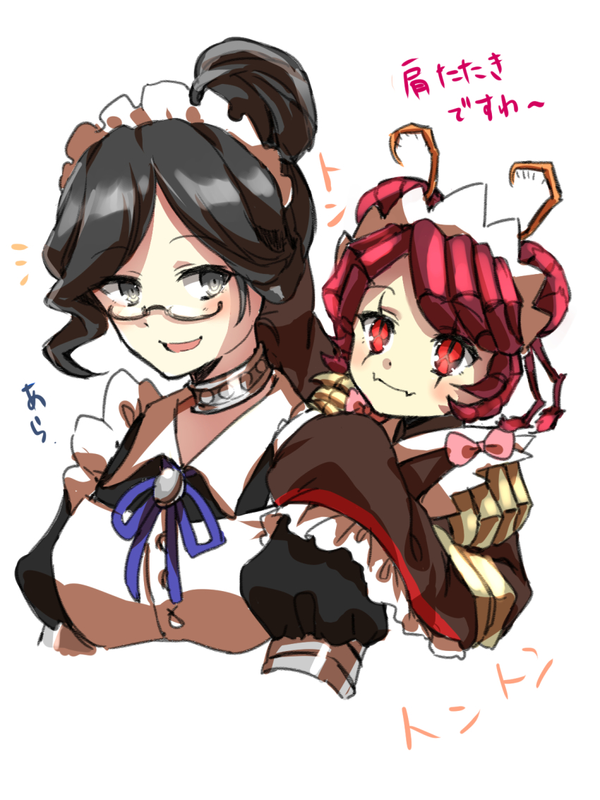 2girls, antennae, arthropod_girl, bow, bowtie, collarbone, dullahan, entoma_vasilissa_zeta