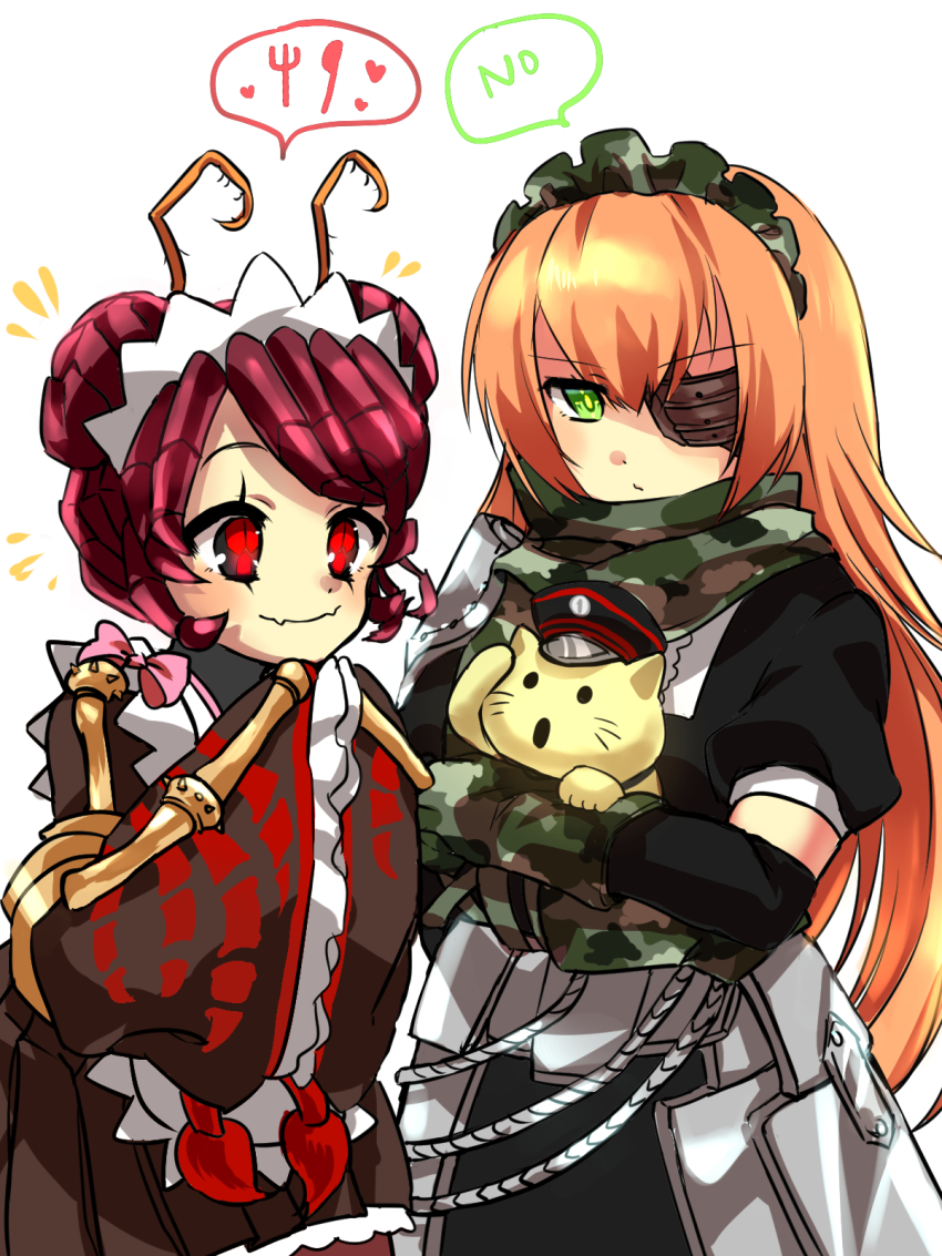 1boy, animal, antennae, arthropod_girl, camouflage, camouflage_gloves, camouflage_scarf, cat, commentary_request, cz2128_delta, entoma_vasilissa_zeta, eyepatch, gloves, green_eyes, hat, highres, long_hair, maid, maid_headdress, monster_girl, multiple_girls, orange_hair, overlord_(maruyama), pandora's_actor, simple_background, speech_bubble, user_dznz5583, wide_sleeves