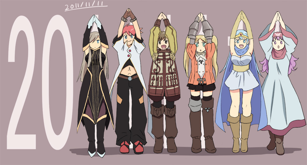 1980s_(style), arm_warmers, blonde_hair, blue_eyes, blue_hair, boots, breasts, brown_arm_warmers