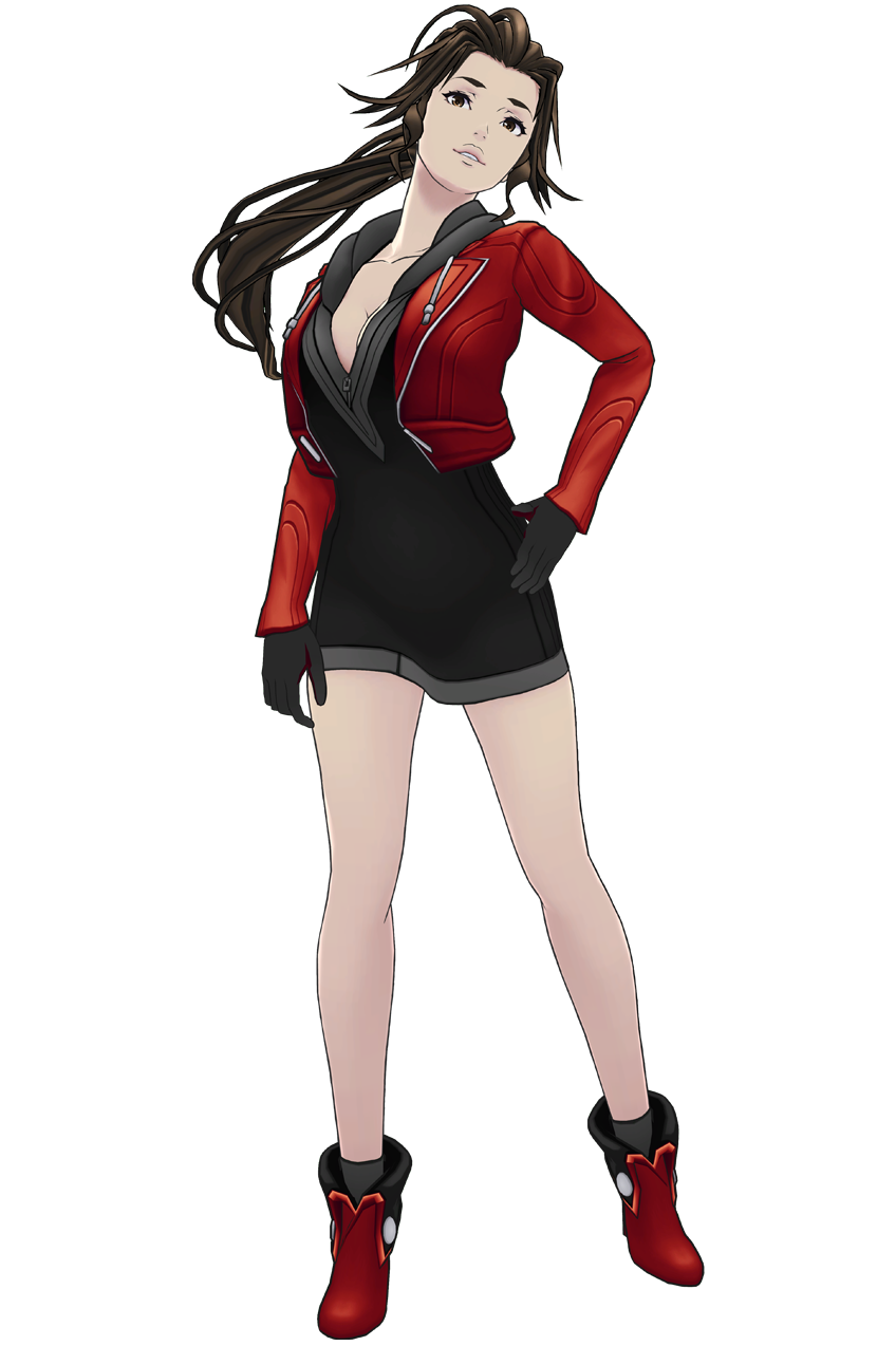 1girl, 3d, ai_the_somnium_files, boots, boss_(ai_the_somnium_files), brown_eyes, brown_hair, dress, female_focus, gloves, hand_on_own_hip, highres, jacket, official_art, ponytail, red_boots, short_dress, smile, solo, standing, transparent_background