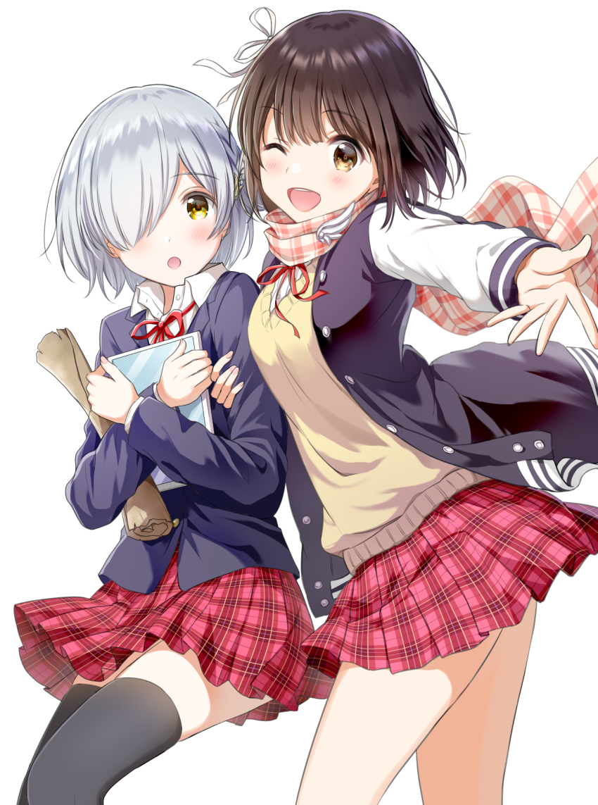 2girls, :o, ;d, black_jacket, black_legwear, blazer, blue_jacket, blush, breasts, brown_eyes, character_request, collared_shirt, commentary_request, dress_shirt, fingernails, hair_ornament, hair_over_one_eye, hair_ribbon, highres, hugging_object, jacket, koko_wo_isekai_to_suru!, letterman_jacket, long_sleeves, looking_at_viewer, multiple_girls, nail_polish, neck_ribbon, one_eye_closed, open_clothes, open_jacket, open_mouth, pink_nails, plaid_clothes, plaid_scarf, plaid_skirt, pleated_skirt, red_ribbon, red_skirt, ribbon, round_teeth, scarf, school_uniform, shirt, silver_hair, simple_background, skirt, small_breasts, smile, sweater_vest, teeth, thighhighs, upper_teeth_only, white_background, white_ribbon, white_shirt, yatomi, yellow_eyes