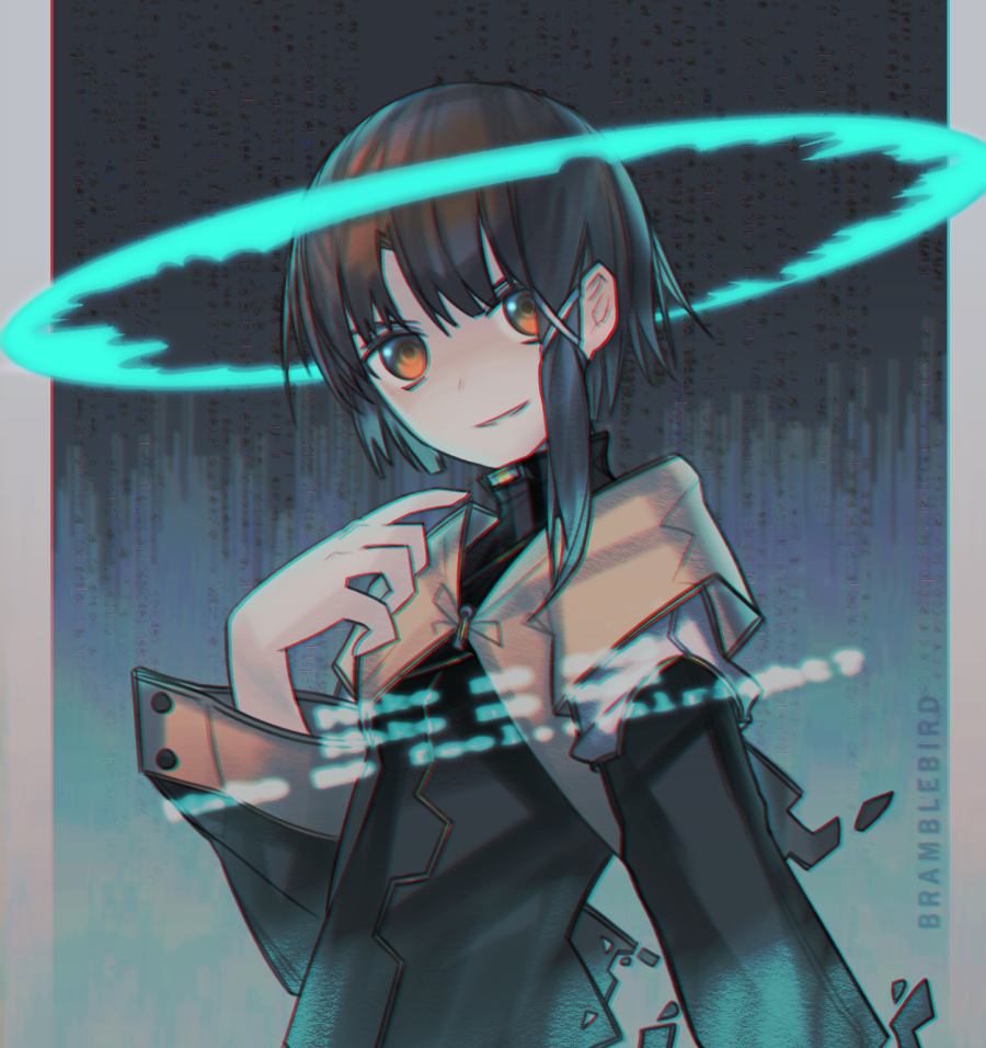 1girl, artist_name, asymmetrical_hair, black_hair, brown_eyes, chromatic_aberration, female_focus, grin