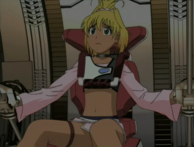 00s, 1girl, angry, animated, animated_gif, bandai, bare_legs, blonde_hair