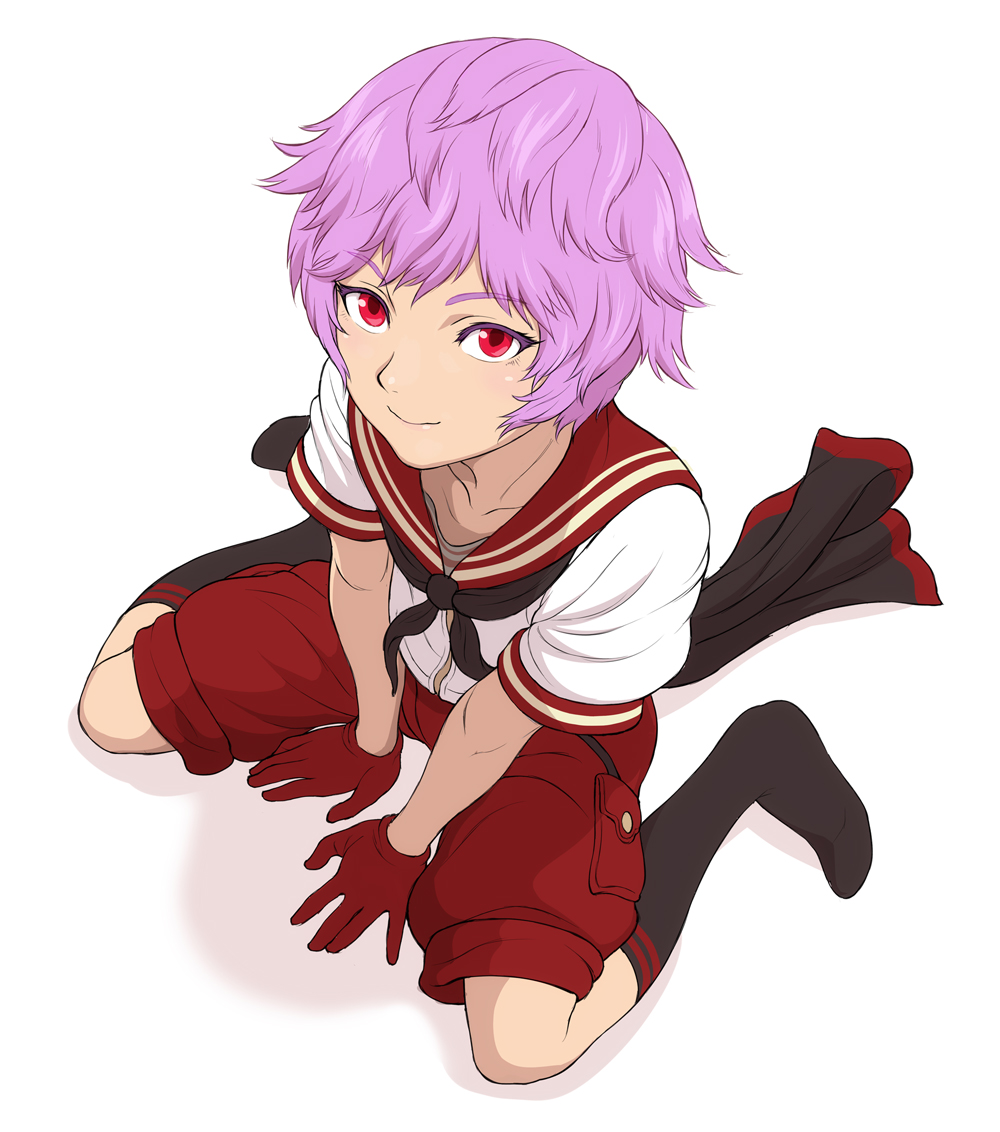 1boy, full_body, gunslinger_stratos, looking_at_viewer, looking_up, male_focus, purple_hair, red_eyes