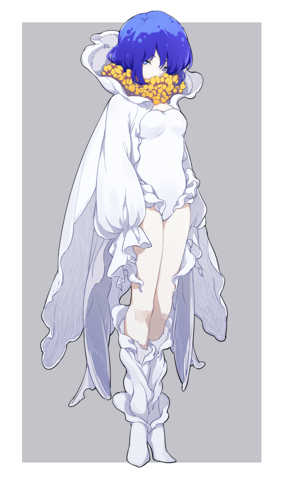 1girl, blue_eyes, blue_hair, breasts, cleavage, female_focus, full_body, grey_background