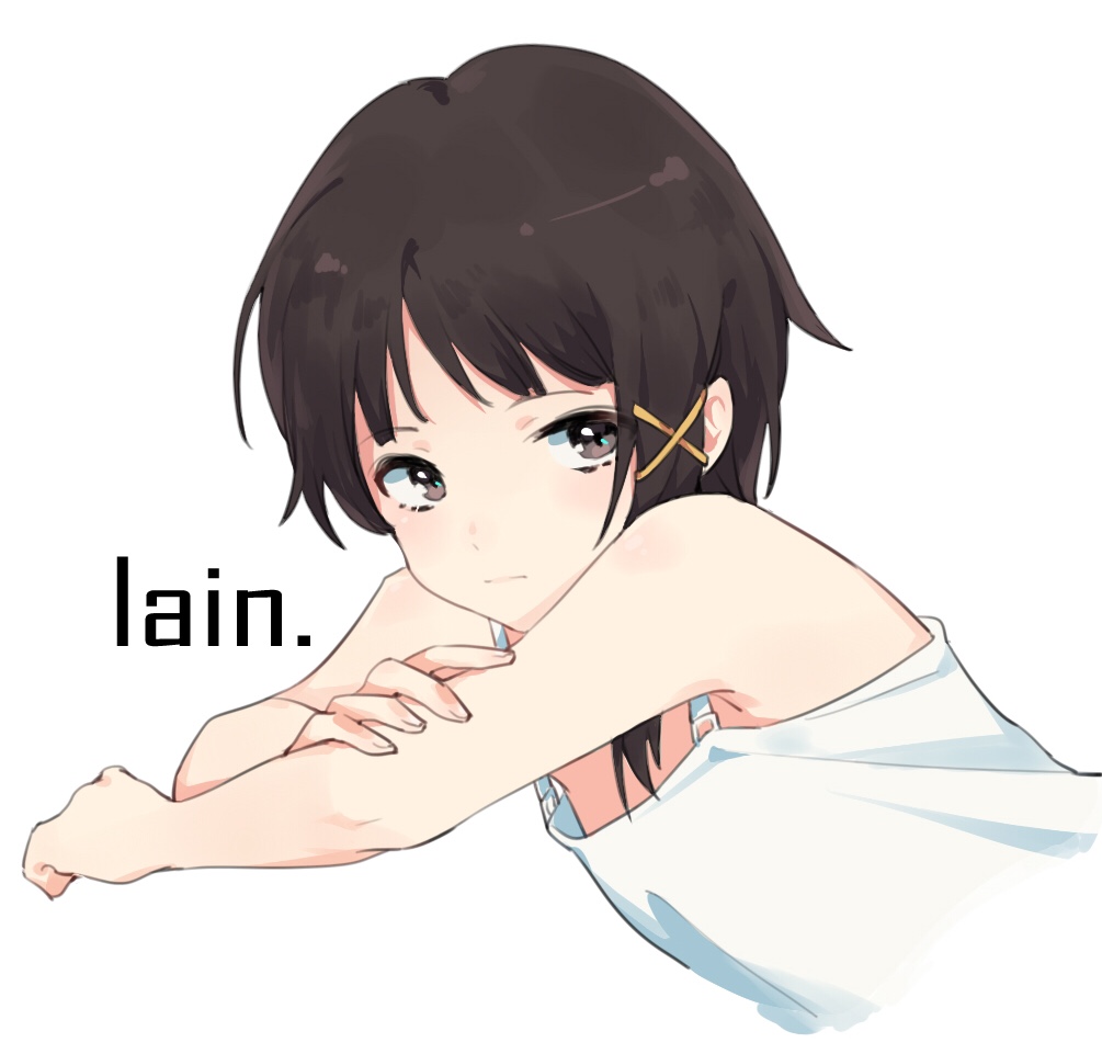 1girl, asymmetrical_hair, brown_eyes, brown_hair, character_name, copyright_name, dress, female_focus, hair_ornament, hairclip, hand_on_own_arm, iwakura_lain, looking_at_viewer, quail0503, serial_experiments_lain, short_hair, simple_background, single_sidelock, sleeveless, solo, upper_body, white_dress