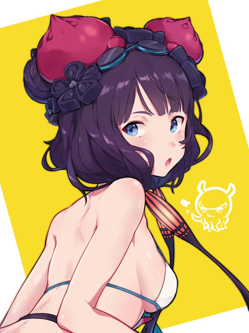1girl, :o, bikini, blue_eyes, breasts, fate/grand_order, fate_(series), female_focus, goggles, goggles_on_head, hair_ornament, highres, katsushika_hokusai_(fate), katsushika_hokusai_(swimsuit_saber)_(fate), looking_at_viewer, looking_back, medium_breasts, medium_hair, octopus, purple_hair, quail0503, short_hair, simple_background, solo, swimsuit, upper_body, white_bikini, yellow_background
