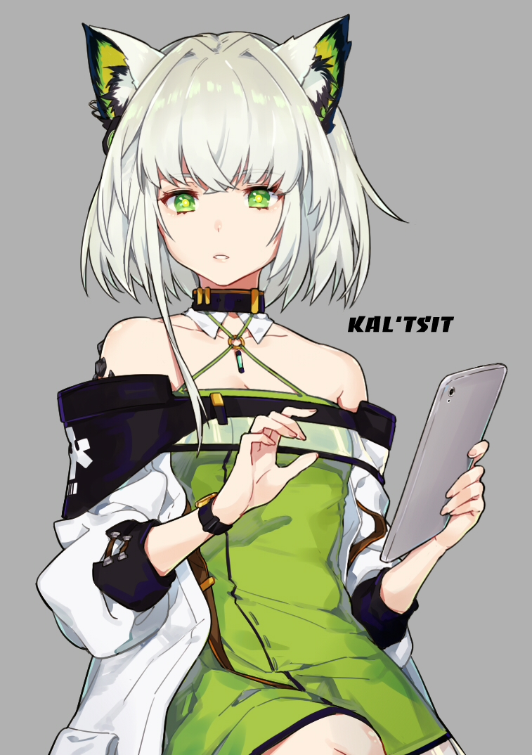 1girl, animal_ear_fluff, animal_ears, arknights, breasts, cleavage, detached_collar, dress, female_focus, green_dress, green_eyes, grey_background, hands_up, kal'tsit_(arknights), lab_coat, material_growth, oripathy_lesion_(arknights), quail0503, short_hair, simple_background, sitting, small_breasts, solo, tablet_pc, watch, white_hair, wristwatch