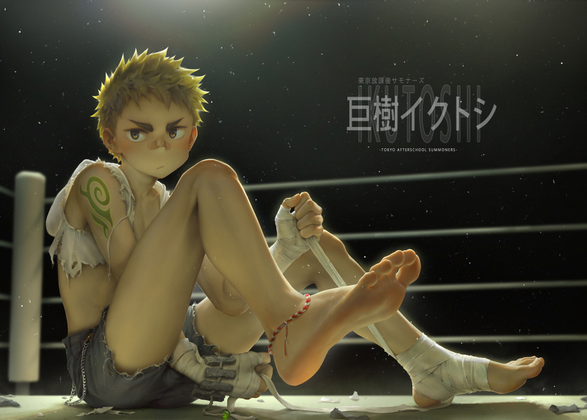 1boy, bandages, bandaid, bandaid_on_face, bandaid_on_nose, barefoot, beitemian, blonde_hair, boxing_ring, brown_eyes, feet, full_body, highres, looking_at_viewer, male_focus, ooki_ikutoshi, shade, soles, solo, thick_eyebrows, toes, tokyo_houkago_summoners