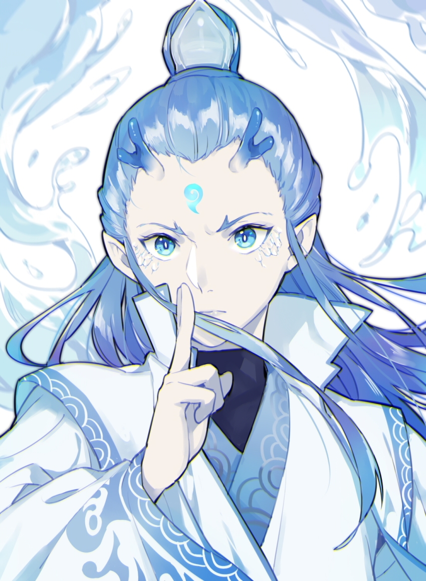 1boy, antlers, ao_bing, blue_eyes, blue_hair, blue_horns, chinese_clothes, facial_mark