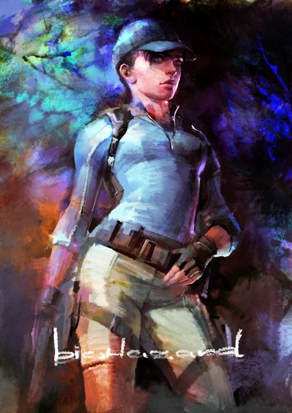 1girl, blue_eyes, breasts, capcom, female_focus, gloves, gun, hat, jill_valentine, painting_(medium), ponytail, resident_evil, resident_evil_5, richard_michaud, solo, traditional_media, watercolor_(medium), weapon