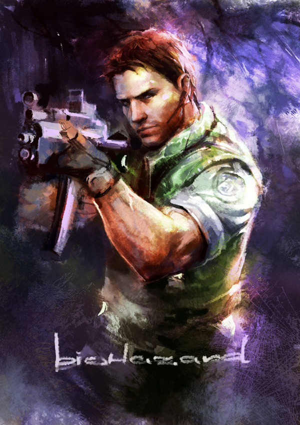 1boy, brown_hair, capcom, chris_redfield, gloves, gun, headset, machine_gun