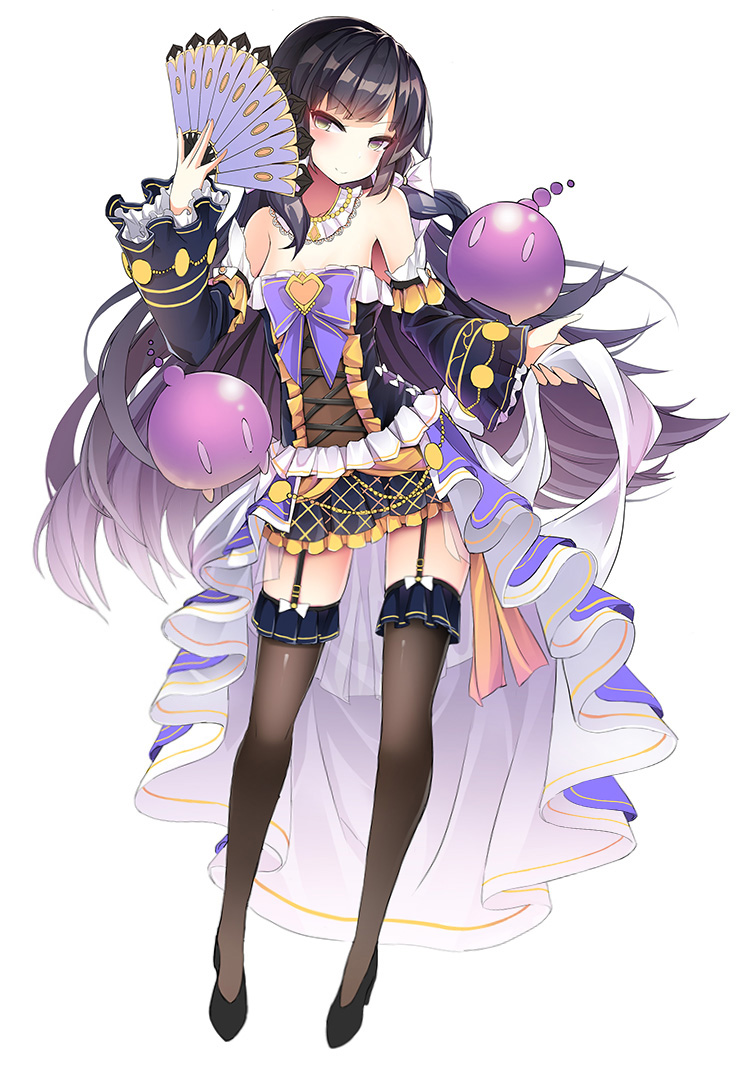 bellona_(epic_seven), black_hair, breasts, dress, epic_seven, garter_belt, green_eyes, high_heels