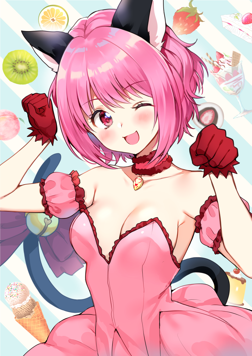 1girl, animal_ears, armpits, arms_up, bare_shoulders, bell, black_bow, blush, bow, breasts, cat_ears, cherry, cleavage, collar, daifuku, detached_sleeves, female_focus, food, fruit, gloves, ice_cream_cone, ichigo_daifuku, looking_at_viewer, magical_girl, medium_breasts, mew_ichigo, momomiya_ichigo, nishizawa, one_eye_closed, parfait, paw_pose, pink_eyes, pink_hair, pudding, red_gloves, short_hair, smile, solo, strawberry, tail, tail_bell, tail_bow, tail_ornament, tokyo_mew_mew, upper_body, wagashi